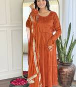 Orange color vichitra silk embroidered  anarkali suit
