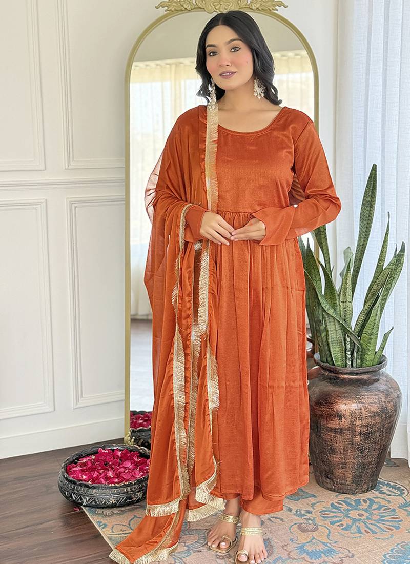 Orange color vichitra silk embroidered  anarkali suit