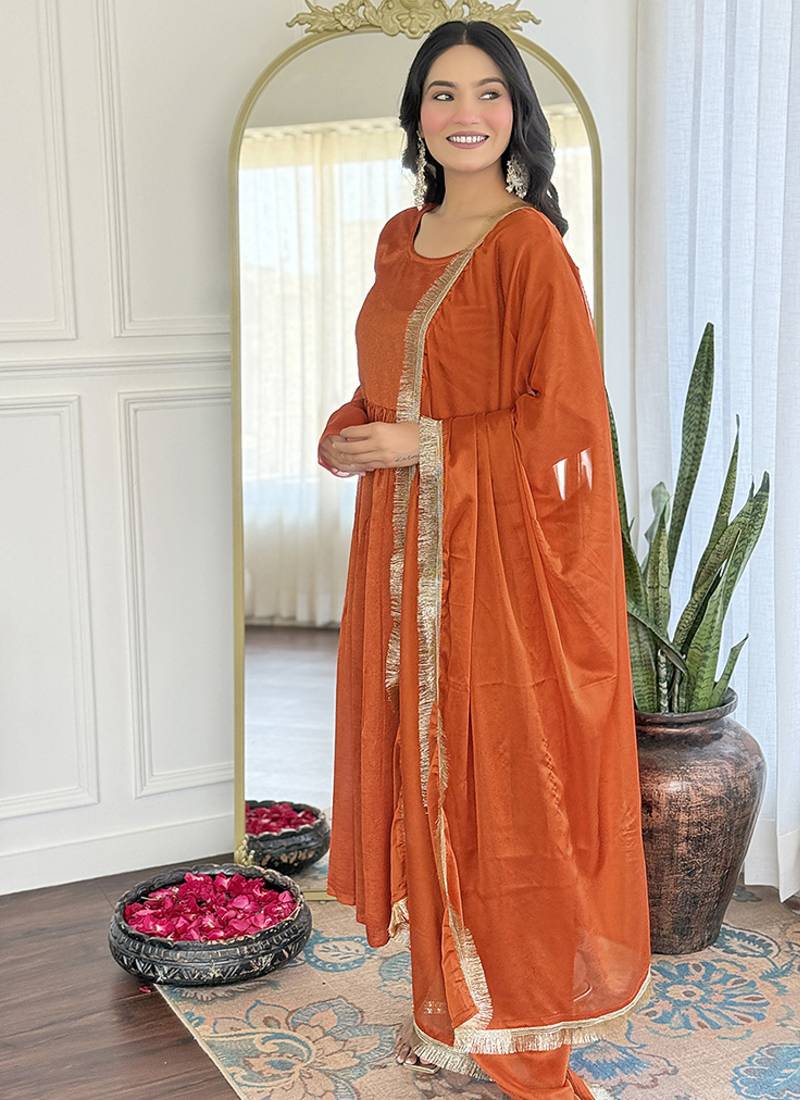 Orange color vichitra silk embroidered  anarkali suit