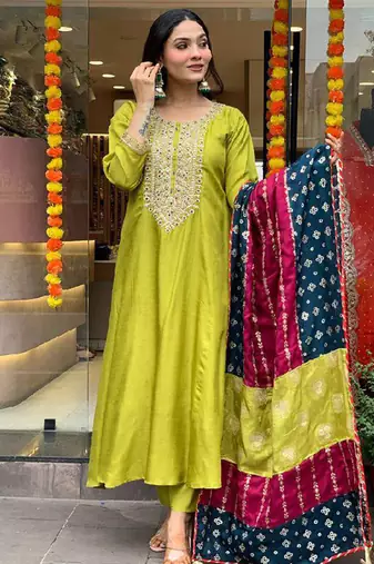 Lemon green color vichose chanderi embroidered  anarkali suit