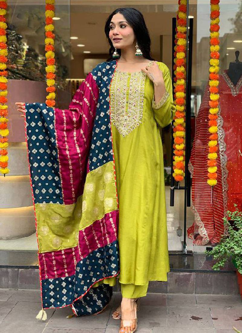Lemon green color vichose chanderi embroidered  anarkali suit