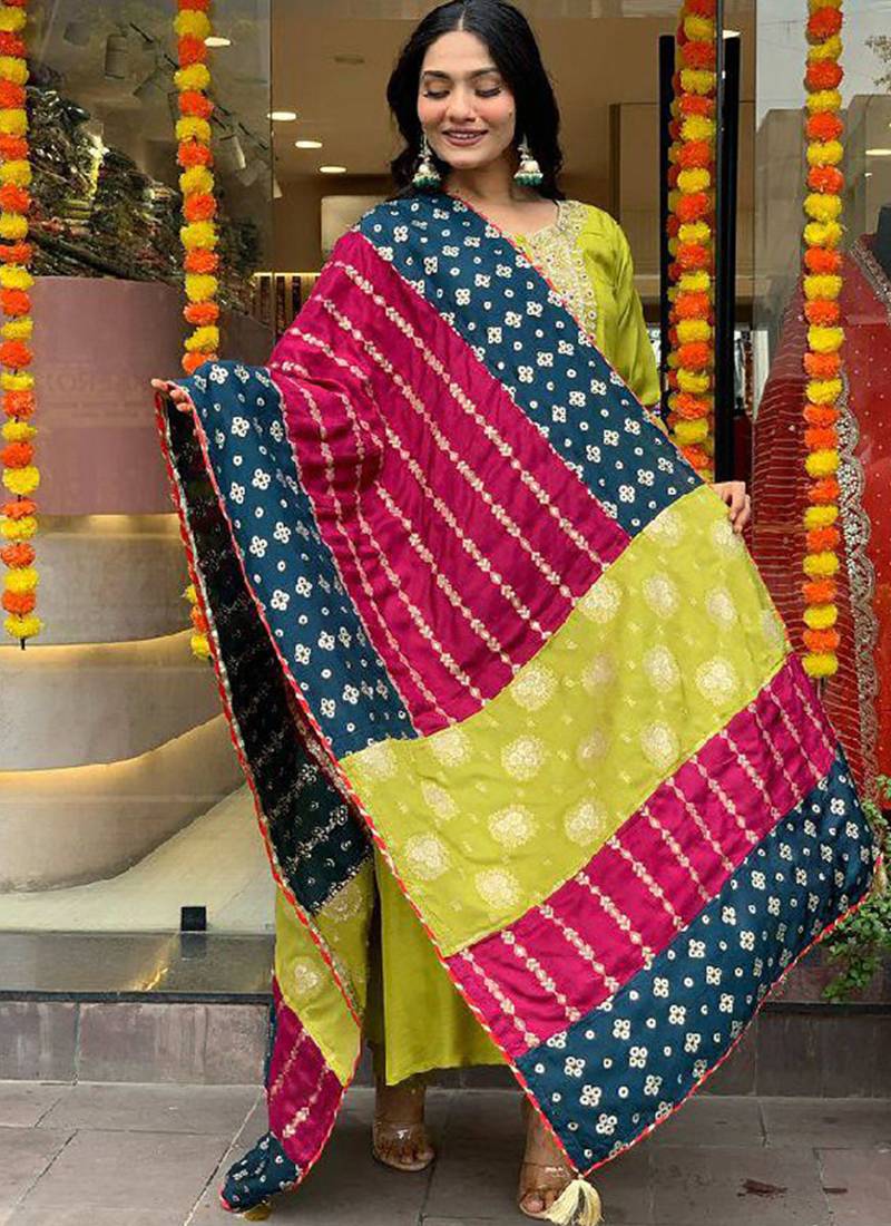 Lemon green color vichose chanderi embroidered  anarkali suit