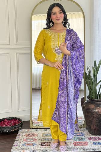 Mustard color vichitra silk embroidered sttiched kurta set