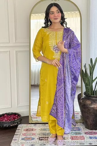 Mustard color vichitra silk embroidered sttiched kurta set