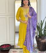 Mustard color vichitra silk embroidered sttiched kurta set