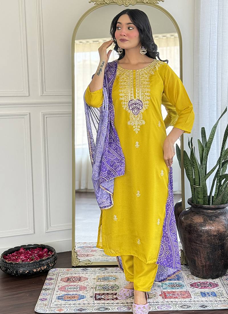 Mustard color vichitra silk embroidered sttiched kurta set