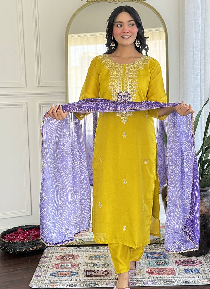Mustard color vichitra silk embroidered sttiched kurta set