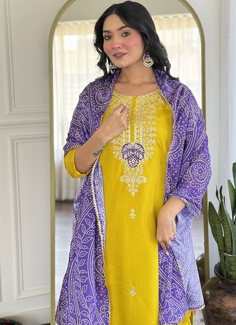 Mustard color vichitra silk embroidered sttiched kurta set