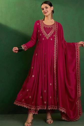 Vichitra silk embroidered anarkali kurta set in rani pink
