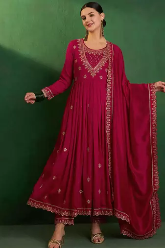 Vichitra silk embroidered anarkali kurta set in rani pink