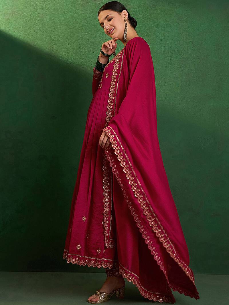 Vichitra silk embroidered anarkali kurta set in rani pink