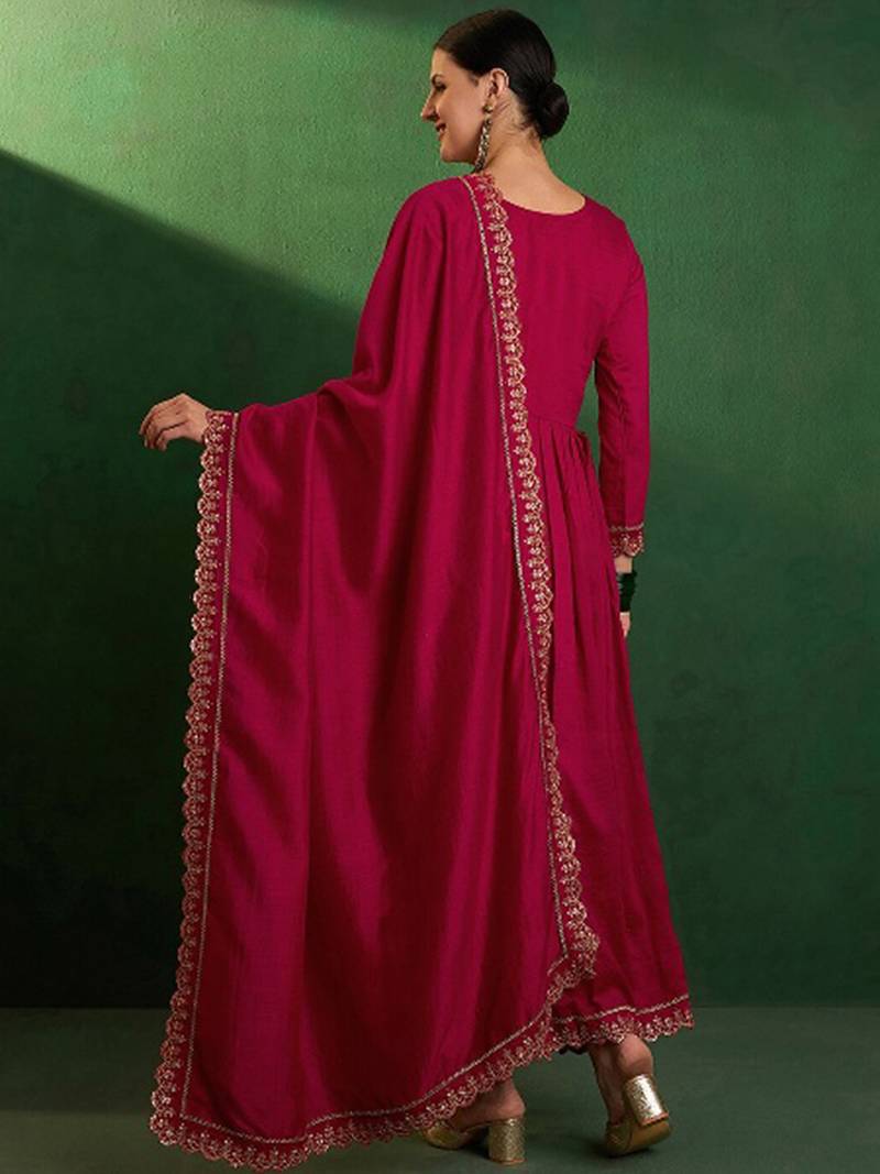 Vichitra silk embroidered anarkali kurta set in rani pink