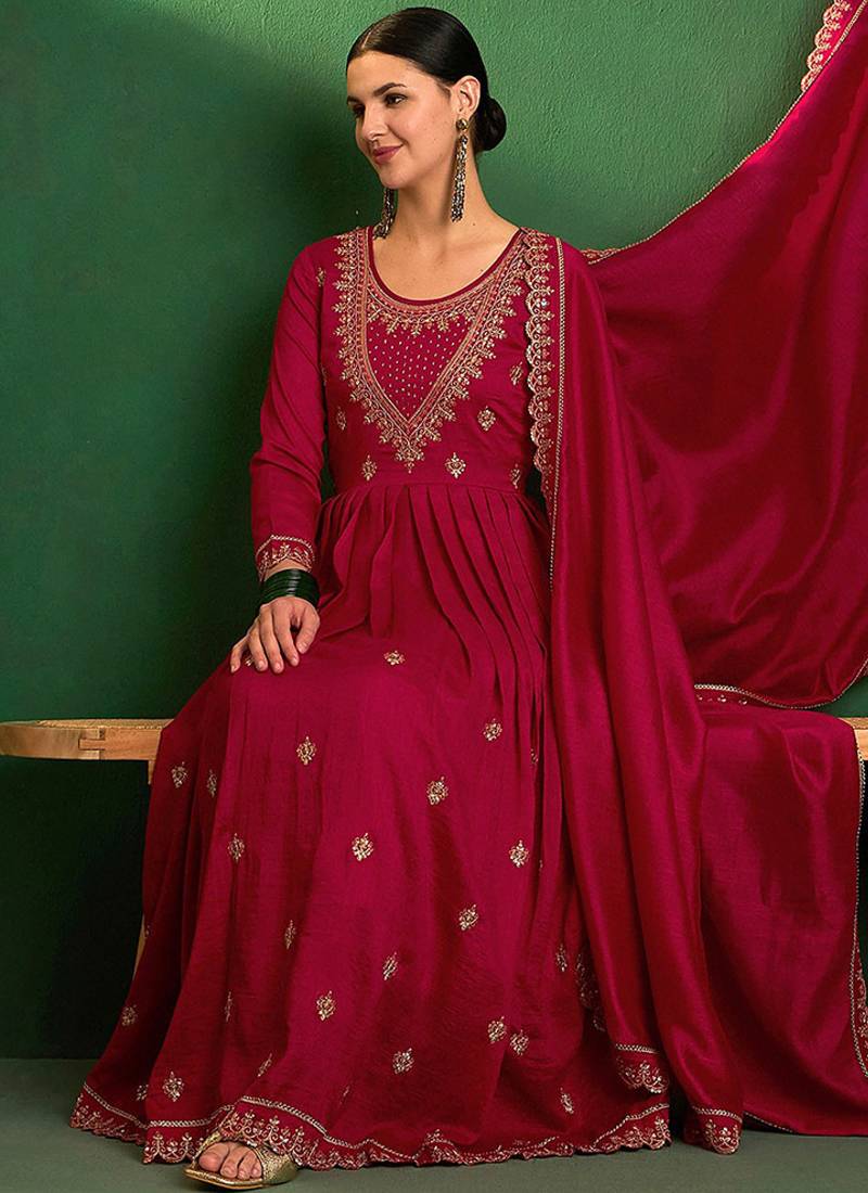 Vichitra silk embroidered anarkali kurta set in rani pink