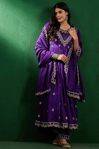 Vichitra silk embroidered anarkali kurta set in purple