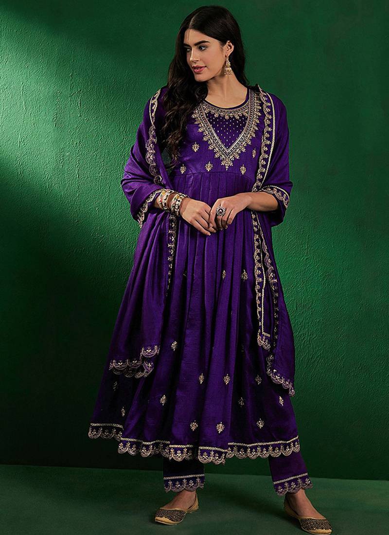 Vichitra silk embroidered anarkali kurta set in purple