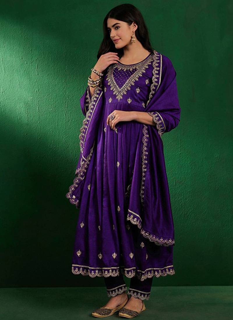 Vichitra silk embroidered anarkali kurta set in purple
