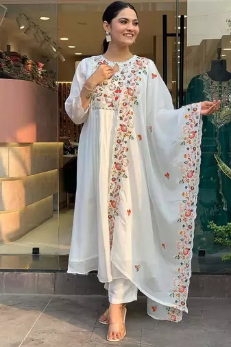 White vicose chinon embroidered sttiched kurta set