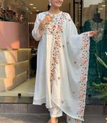 White vicose chinon embroidered sttiched kurta set