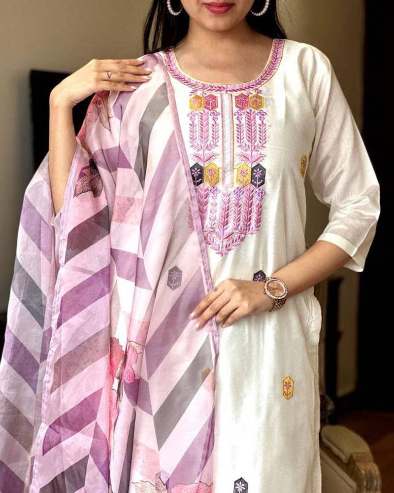 Off white color viscose chanderi sttiched kurta set