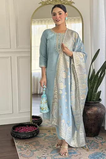 Grey color chanderi viscose embroidered kurta set
