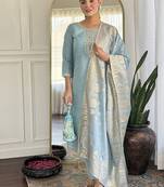 Grey color chanderi viscose embroidered kurta set