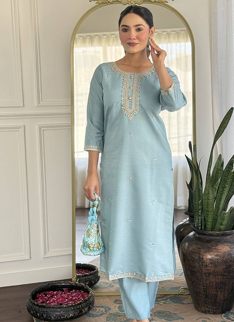 Grey color chanderi viscose embroidered kurta set