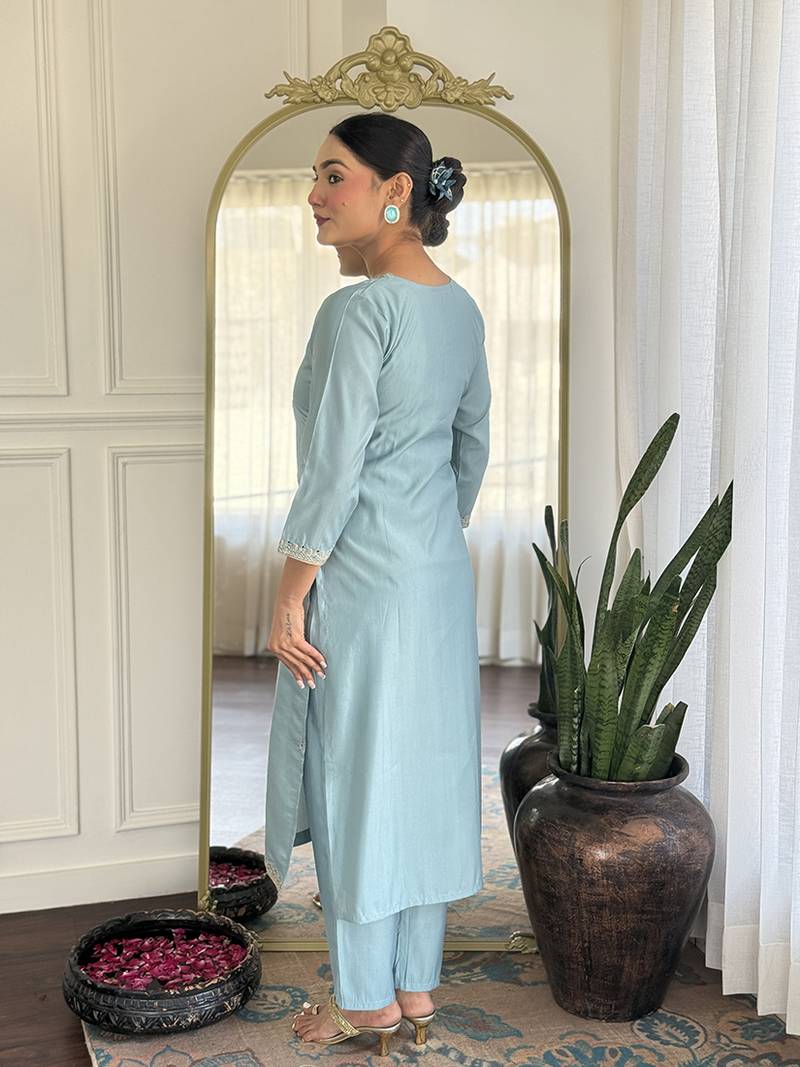 Grey color chanderi viscose embroidered kurta set