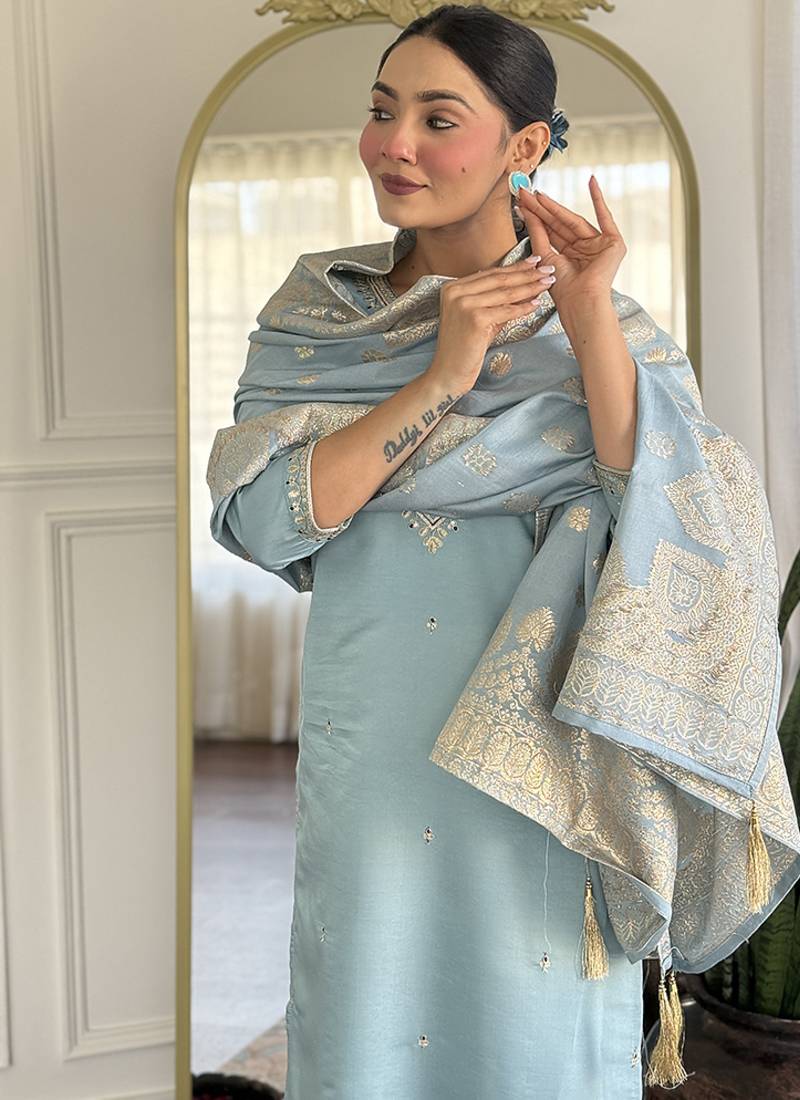 Grey color chanderi viscose embroidered kurta set