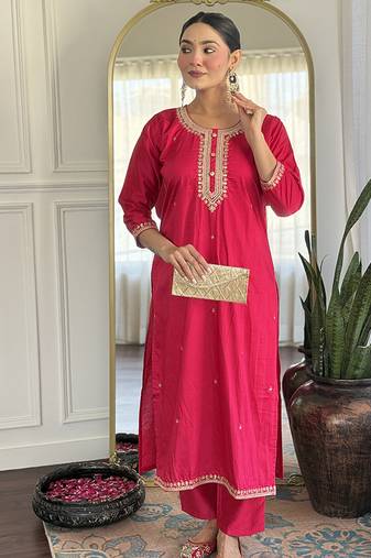 Rani pink color chanderi viscose embroidered kurta set