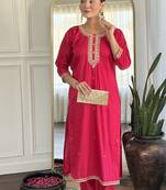 Rani pink color chanderi viscose embroidered kurta set