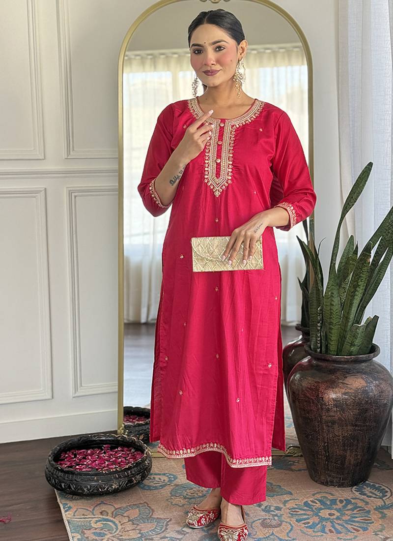 Rani pink color chanderi viscose embroidered kurta set