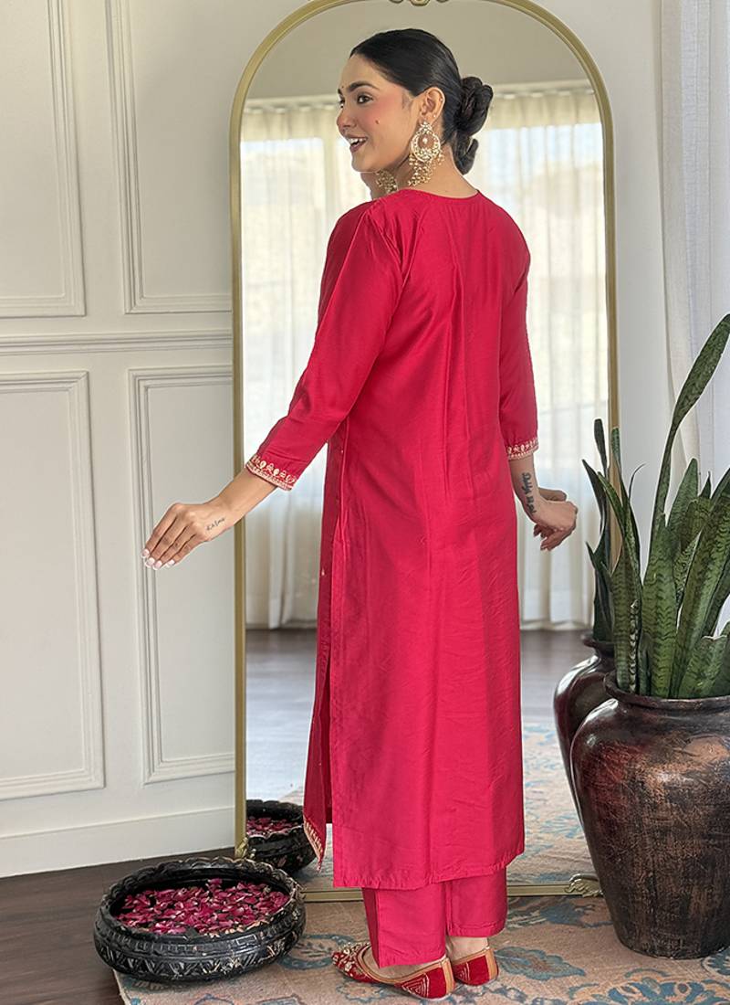 Rani pink color chanderi viscose embroidered kurta set