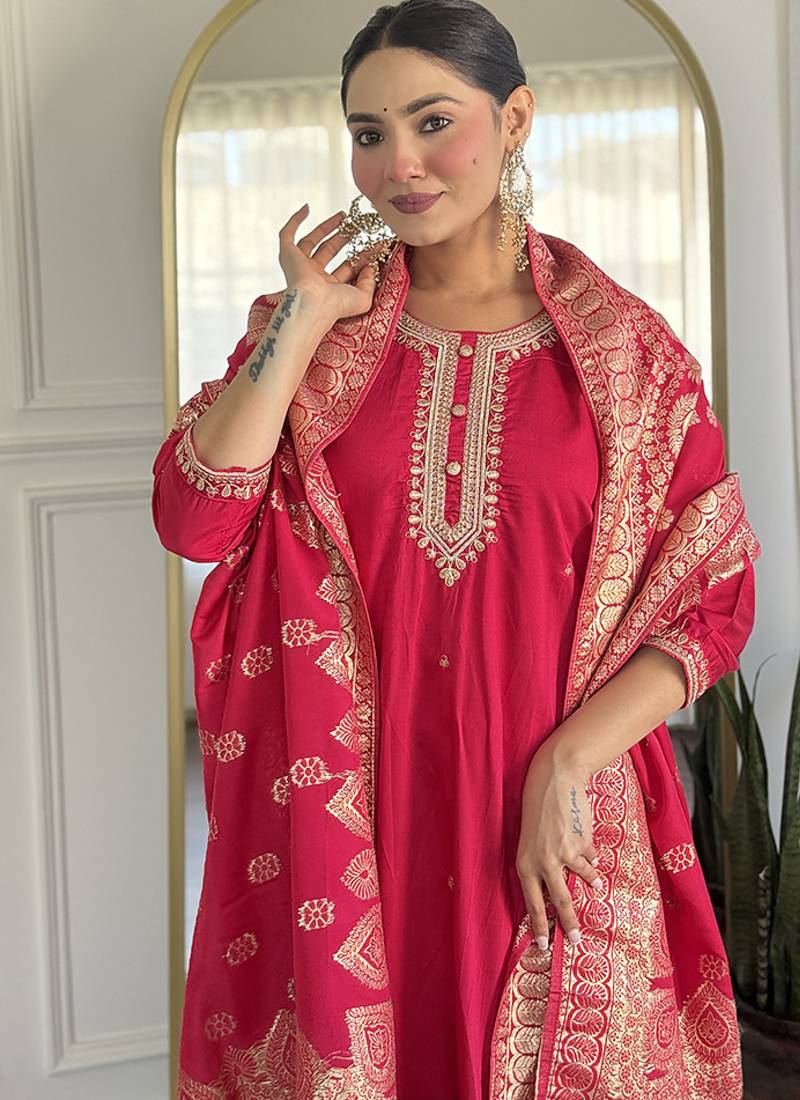Rani pink color chanderi viscose embroidered kurta set