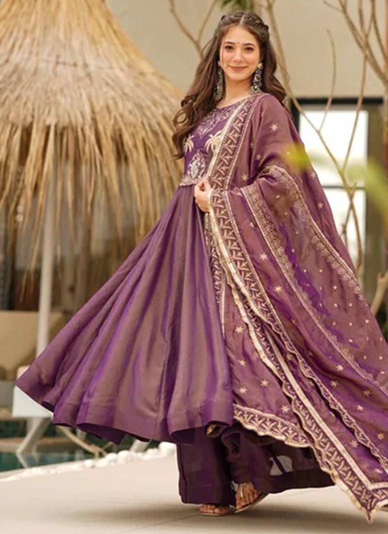 Wine color two tone shimeer anarkali set