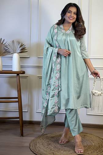 Sky blue chinon aline style sttiched suit