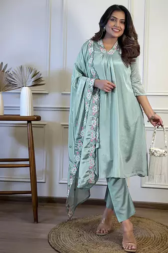Sky blue chinon aline style sttiched suit