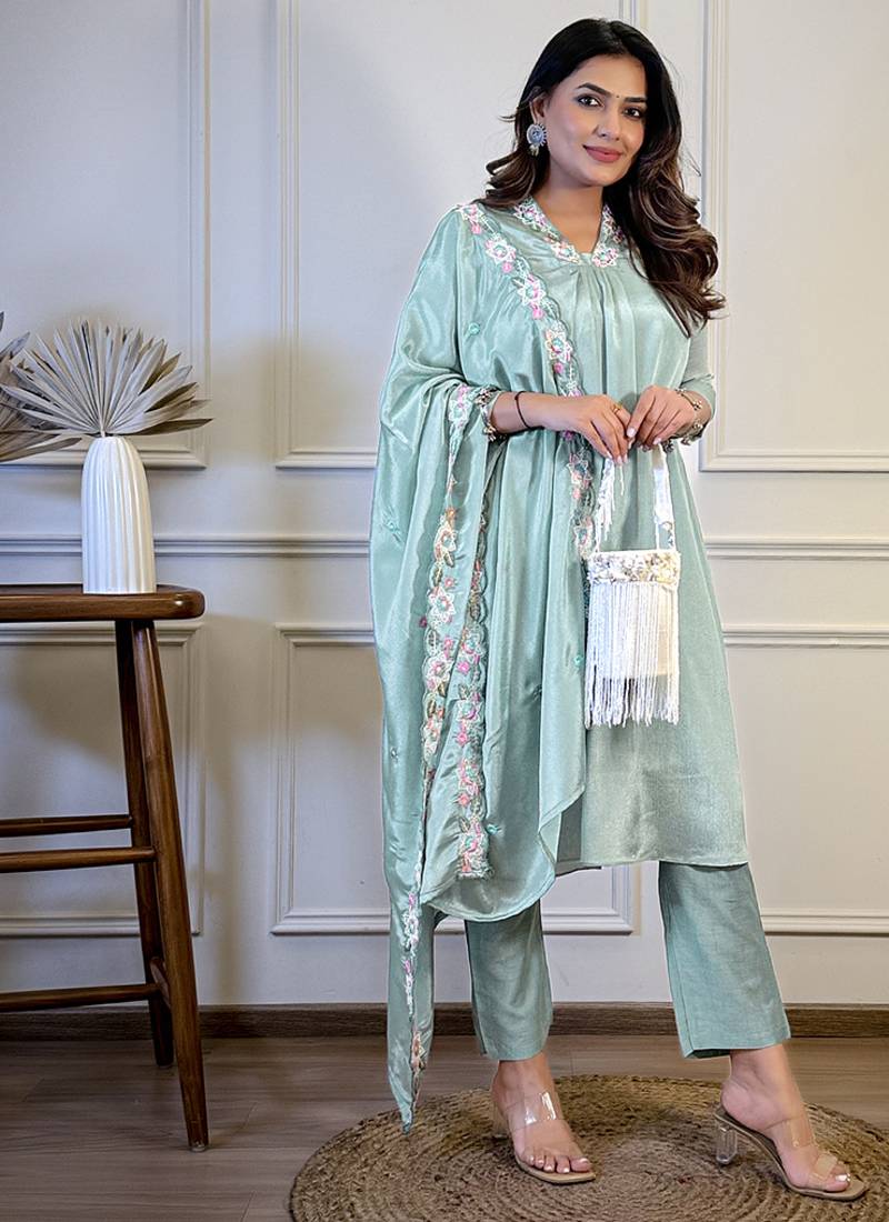 Sky blue chinon aline style sttiched suit