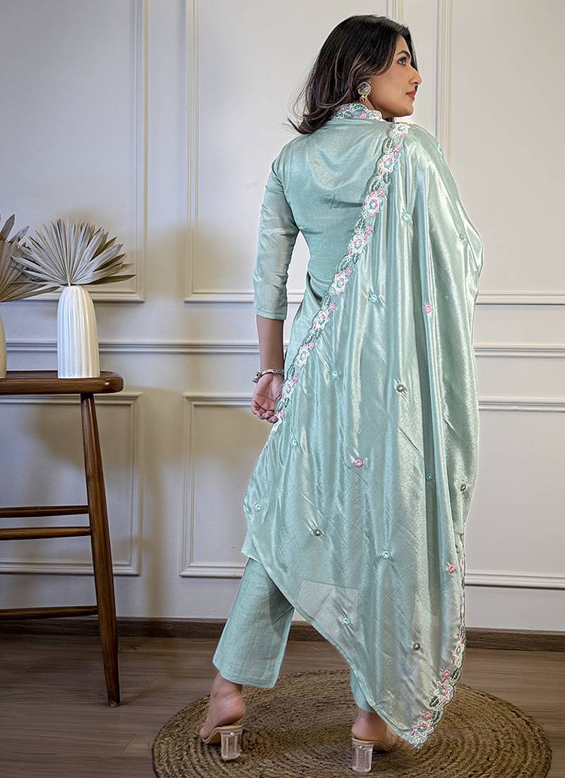 Sky blue chinon aline style sttiched suit