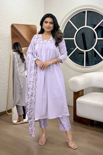 Light lavender chinon aline style sttiched suit