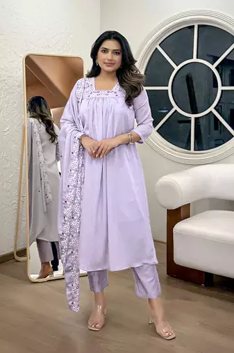 Light lavender chinon aline style sttiched suit