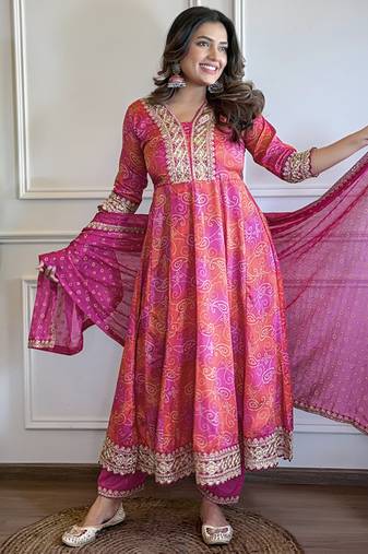 Rani pink chinon bandhani print anarkali  suit