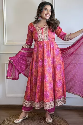 Rani pink chinon bandhani print anarkali  suit