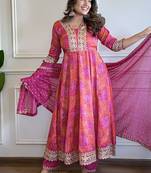Rani pink chinon bandhani print anarkali  suit