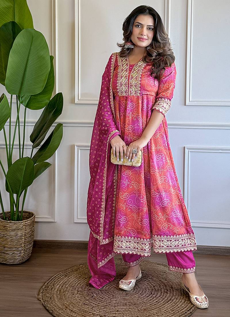 Rani pink chinon bandhani print anarkali  suit