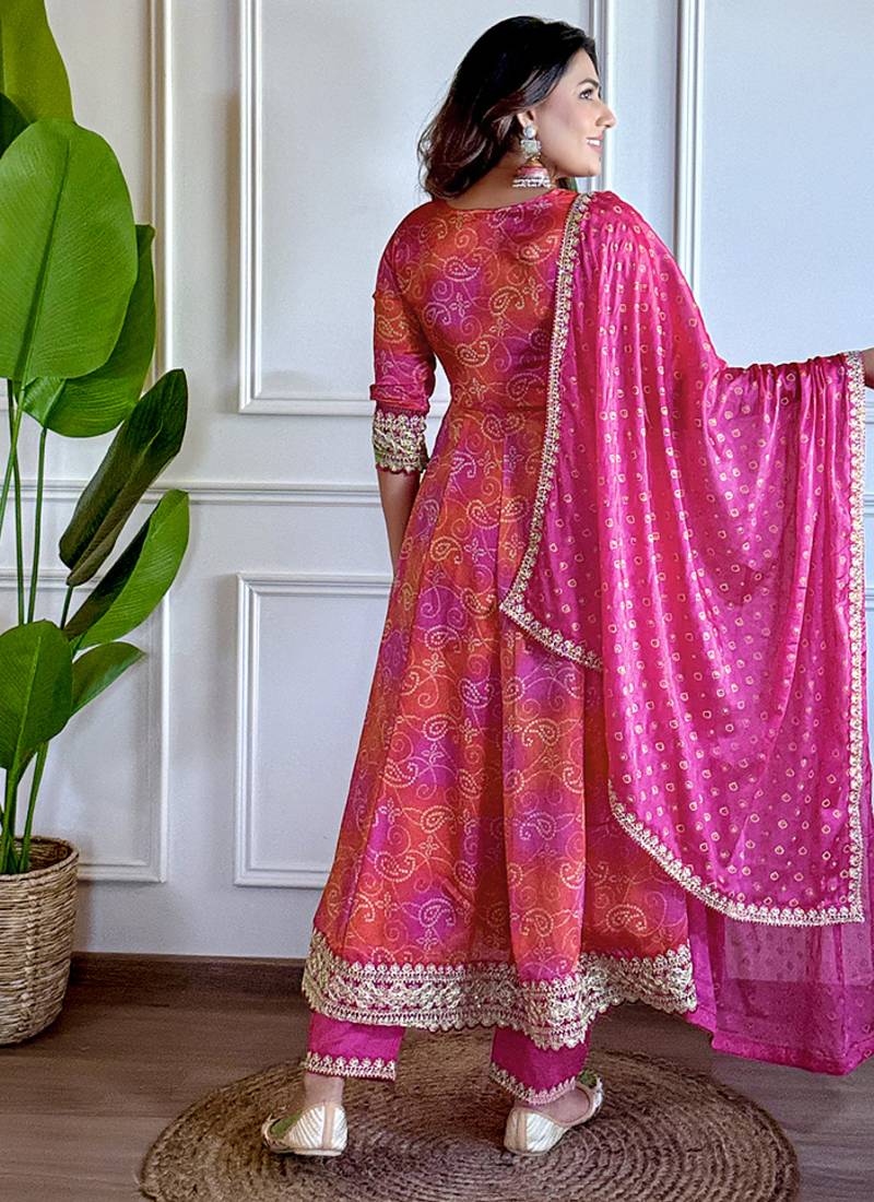 Rani pink chinon bandhani print anarkali  suit
