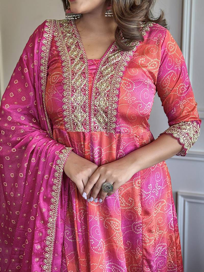 Rani pink chinon bandhani print anarkali  suit