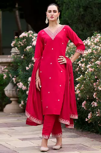 Rani pink rayon embroidered kurta set