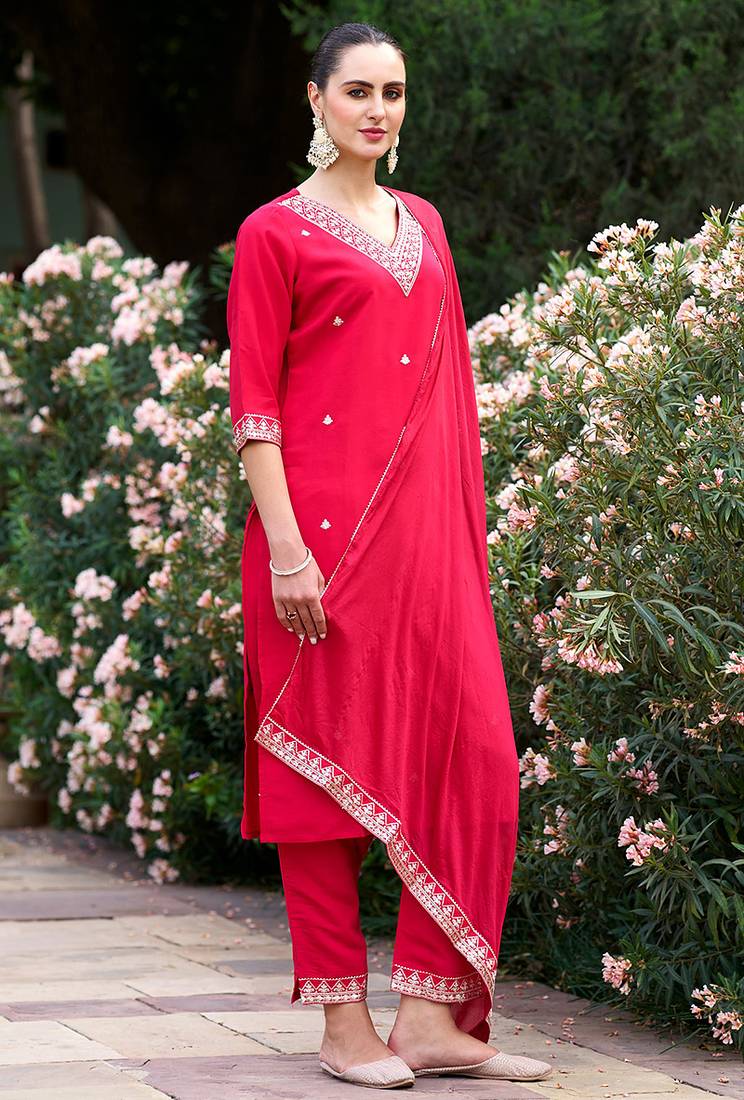 Rani pink rayon embroidered kurta set