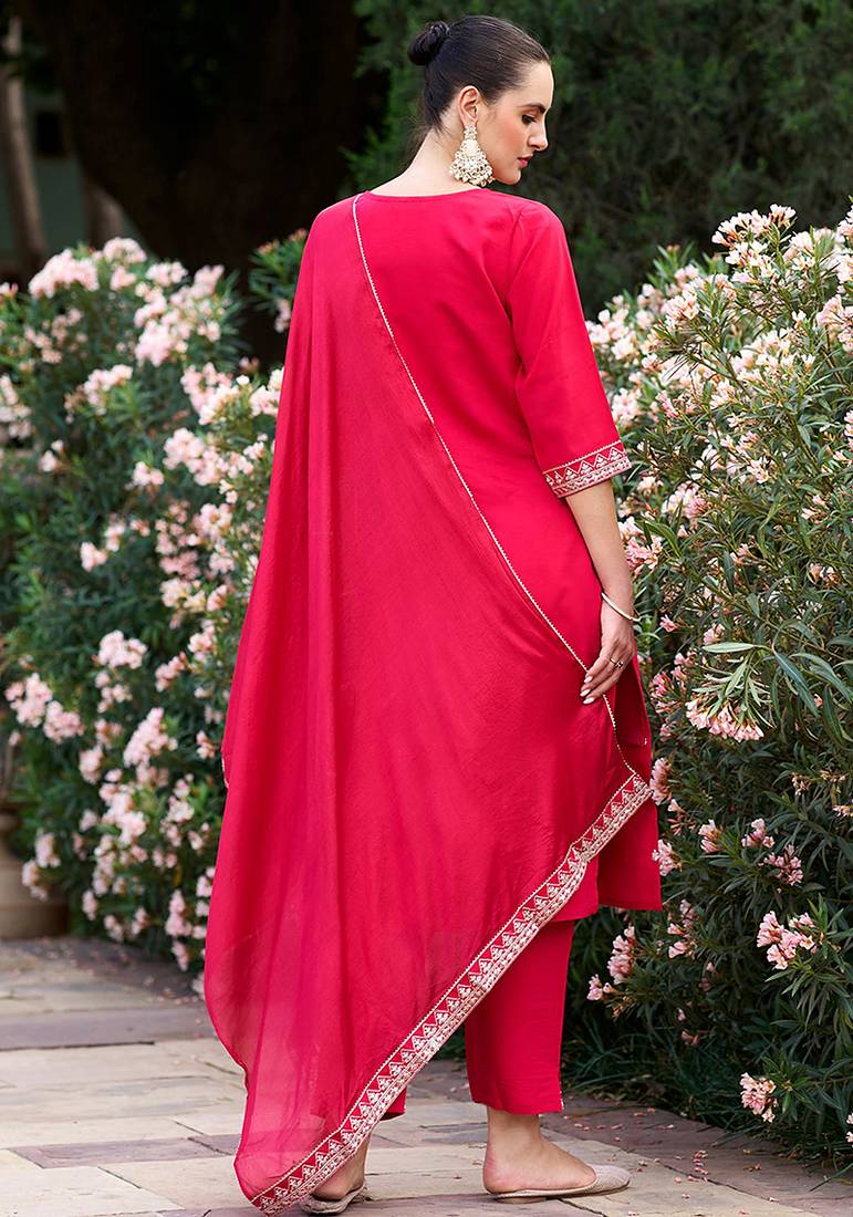 Rani pink rayon embroidered kurta set