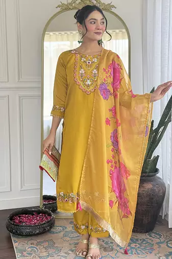 Mustard chanderi embroidered sttiched suit